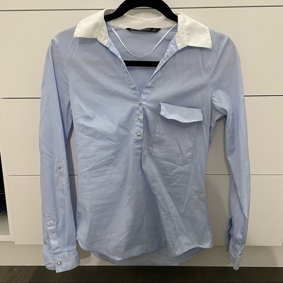 Zara Tops Zara Button Down Shirt Pearl Light Blue And White Poshmark